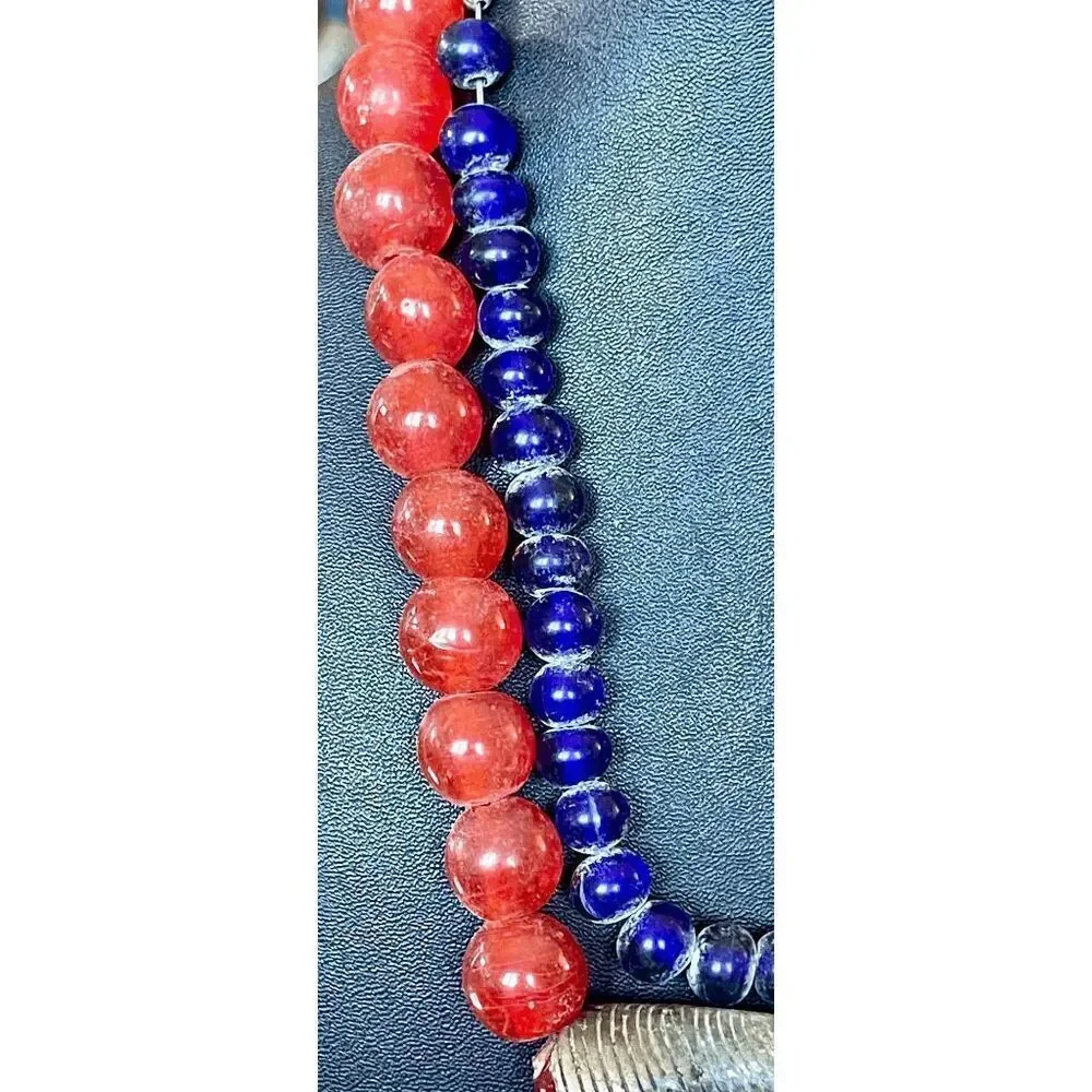 Ashanti Ghana Double Strand 18 Inch Glass Bead Necklace With Brass Pendant